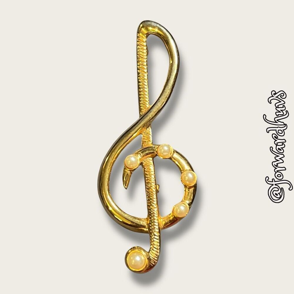 Vintage Gold Tone Treble Clef Brooch with Faux Pearls – 3”
